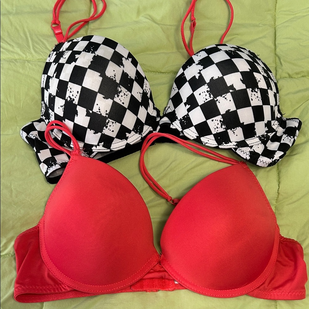 Checkerboard Black & White Bra + Solid Red Push-Up Bra Set